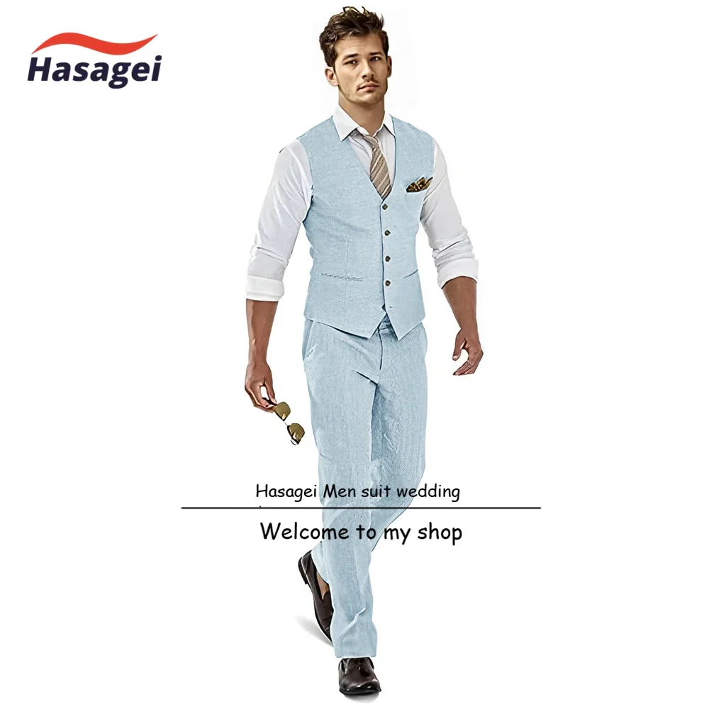 Suit for Men Linen Vest Pants Set of 2 Summer Breathable Groom Tuxedo Wedding Formal Slim Fit Set Clothes