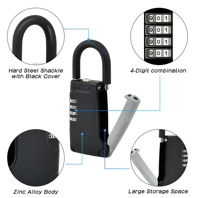 Padlock Key Lock Box Small Combination House-Outside Black Weatherproof 4 Digit Code Keys Safe Storage For Realtor Contractor 2