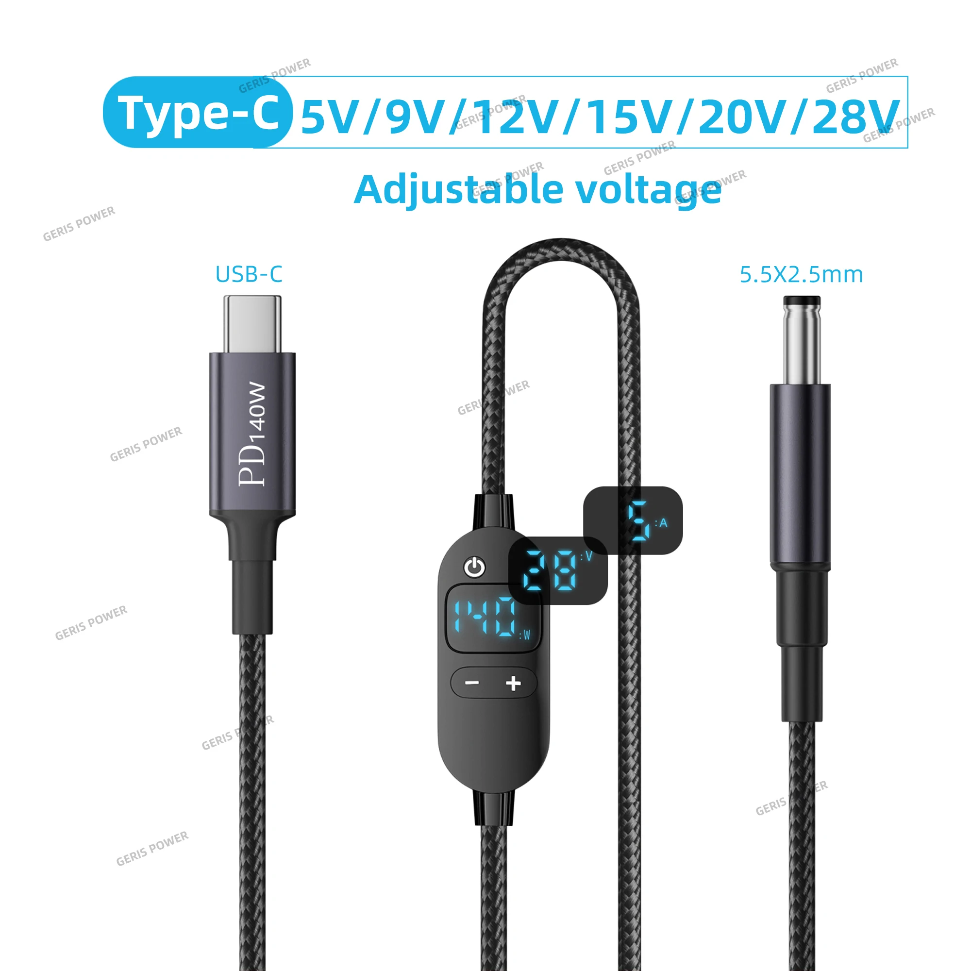 สายแปลงไฟ USB-C เป็น DC 140W ปรับแรงดันได้ 5-28V