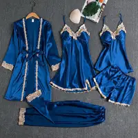 5 pièces/ensemble femmes Sexy pyjamas ensemble soyeux Satin dentelle chemise de nuit ample à lacets taille Homewear ensemble vêtements de nuit costume 1