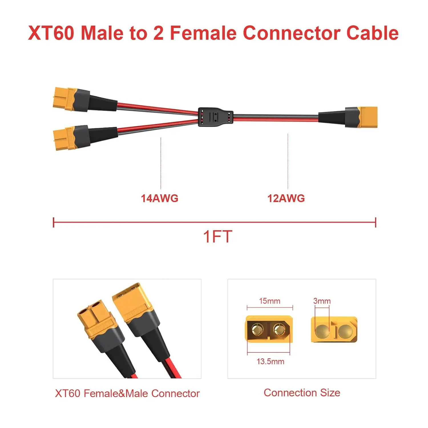 Superbat XT60 Y 스플리터, UAV 팬텀 쿼드콥터 RC 자동차용 12AWG XT60 1개의 남성 커넥터를 2개의 여성 커넥터로 연결하는 케이블(1FT)