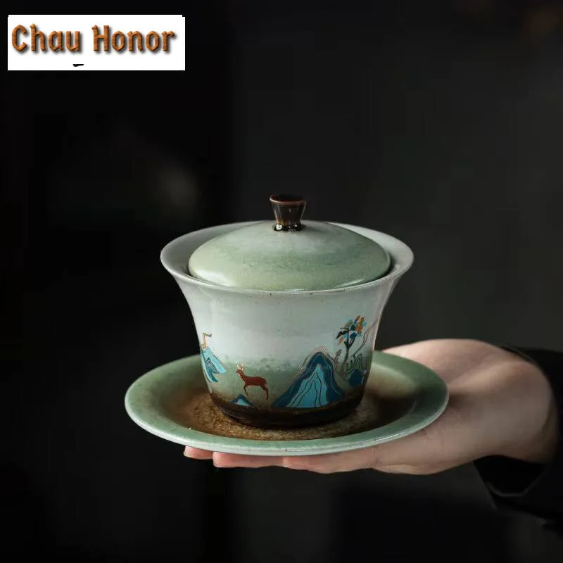 140ml Stone Celadon Glaze Mountain Gaiwan Luxury Tea Tureen Tea Bowl with Lid Kit Tea Brewing Cover Bowl Drinkware Ornaments