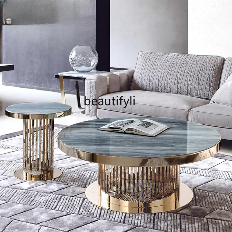 

Modern Light Luxury round Tea Table Home Living Room Sense Stone Plate Coffee Table Combination Designer Creative