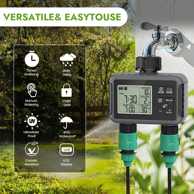 Haozee Smart Water Timer Intelligent 2-Outlet Irrigation Watering System Sprinkler Timer Garden Programmer IPX7 LCD Display 2