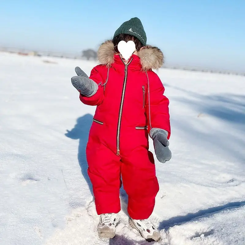 Children's One-Piece Ski Suit Older Children down Jacket Boys Fleece-lined Cold Extra Thick Girl's down Coat Jacket Suit