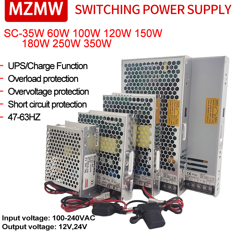 MZMW 35W 60W 100W 120W 150W 180W 250W 350W Battery Charger Switching Power Supply 110/220V AC/DC 12V 24V UPS/Charge Function