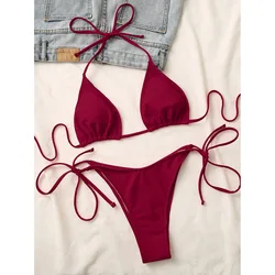 Vibrant Halter Brazilian Bikini Set - Two - Piece Swimwear with Padded Top - M (Claret)