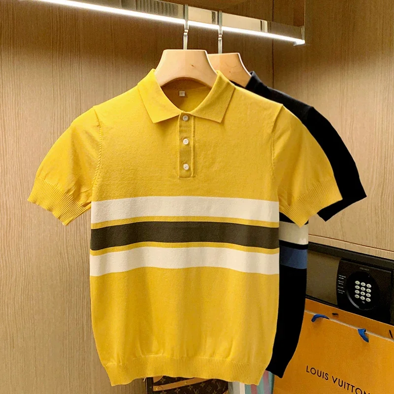 

Ice Silk Summer Polo Shirt Men Short Sleeve Cotton Lightweight Contrast Color Casual Brands Slim Fit G121