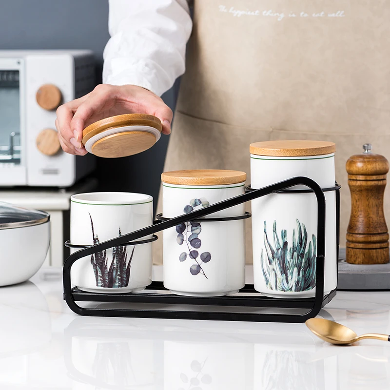 

Банки с крышкой, керамическая банка для хранения с узором зеленых растений, кухонные принадлежности, банка для хранения хлопьев, бытовые банки для чая, коробка для хранения кофе