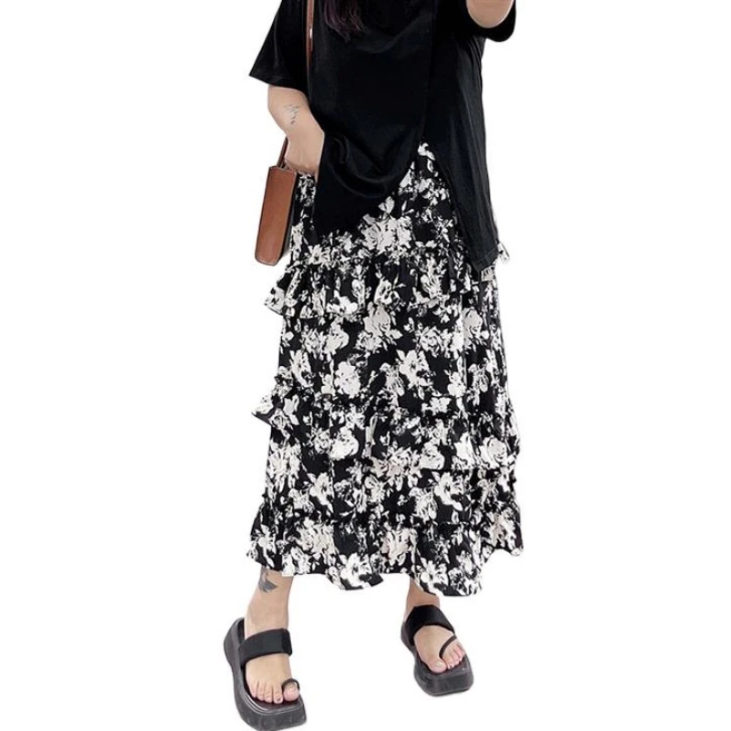 

Summer New Chiffon Floral Print Feminine Layered Ruffle Edge Skirts Vintage Elegant Temperament Lightweight Flowy Cozy Vestidos