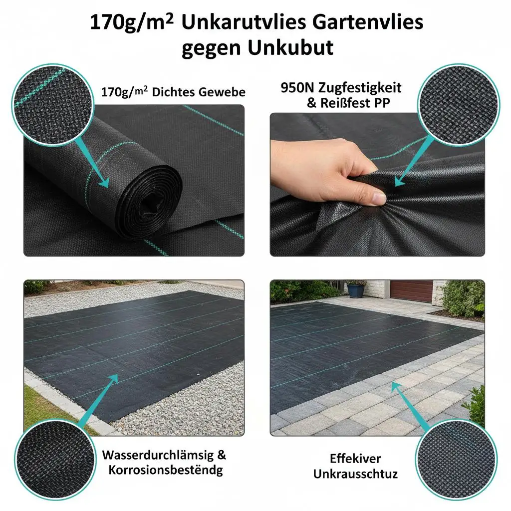 Unkrautschutzvlies 0,9x76,2m 170g/m² PP durchlässig, schwarzes, reißfestes Gewebevlies für Landschaftsbau – Detail 4