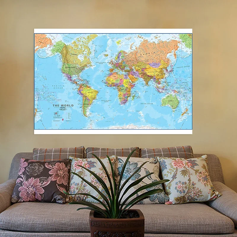 The World Map in English Hanging Picture Wall Art Globe Poster Non-Woven Canvas Painting School Supplies Decoration 150*100cm