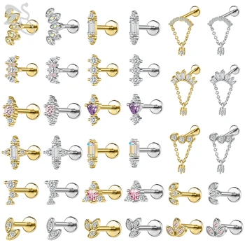 ZS 1 PC Gold Color 16G Stainless Steel Labret Lip Piercing Men Women CZ Crystal Ear Cartilage Tragus Helix Piercings Flat Backs 1