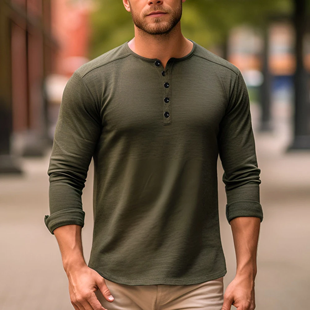 

Mens Autumn Spring Pullover Henry Neck Slim Fit Casual Long Sleeves Retro Shirt Breathable Outdoor T Shirts Top Sport Men Shirt