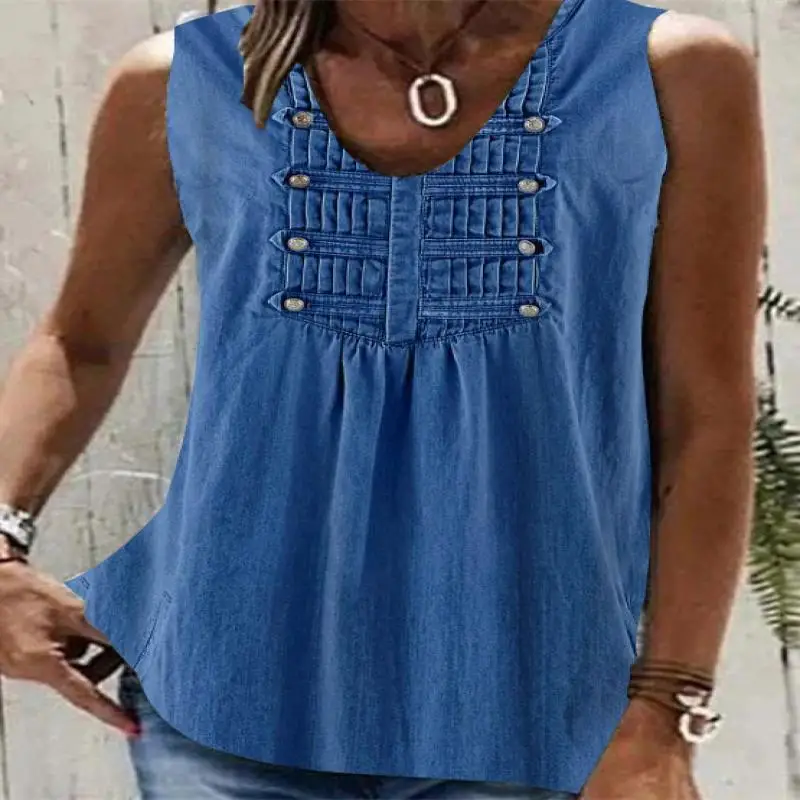 

Plus Size Women Sleeveless V-neck Solid Button Top