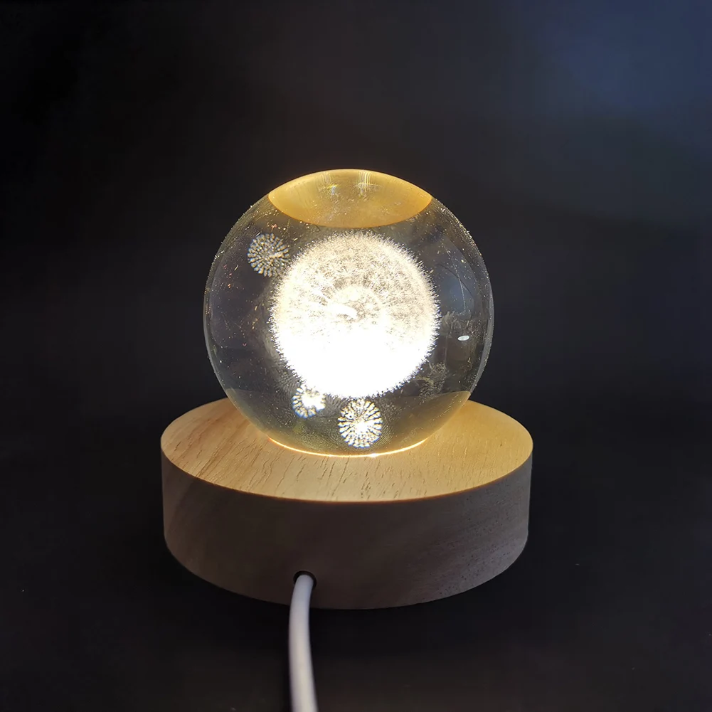 Crystal Ball Night Lights Wooden Base USB Switch LED Round Light Ornament Home Bedroom Table Decoration