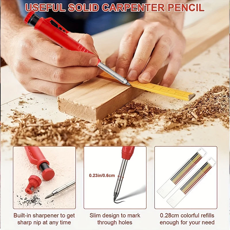 2.8mm Mechanical Carpenter Pencil Set, Needle Nose Tip Hole Marker with Built in Sharpener, Scribe Making Tools for Woodworking 3