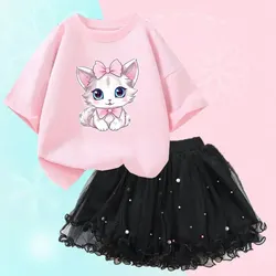 Adorable Summer Girls' Cartoon Cat T-Shirt & Tutu Skirt Set - 14T (Pink and Black)