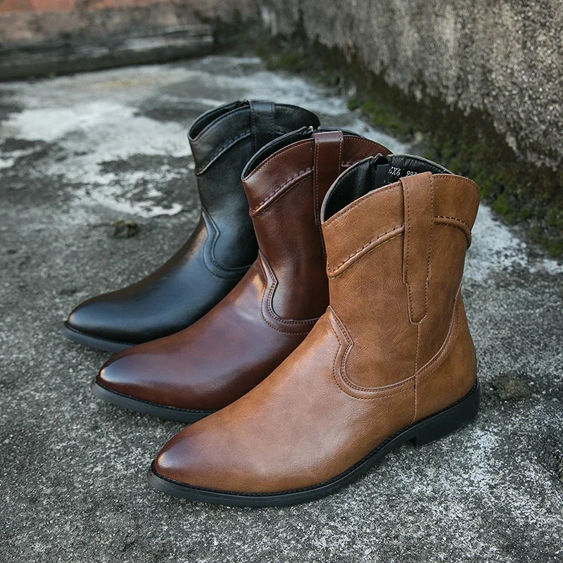 New Arrival Men's Cowboy Boots Brown Western Zipper Handmade Ankle