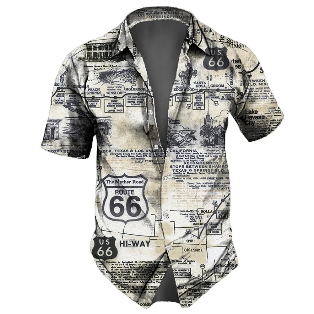 Men'S Shirt Route 66 Retro 3d Fashion Shirt For Man Hawaiian Shirt Short Sleeve Streetwear Button Tops Daily Party Men Clothing