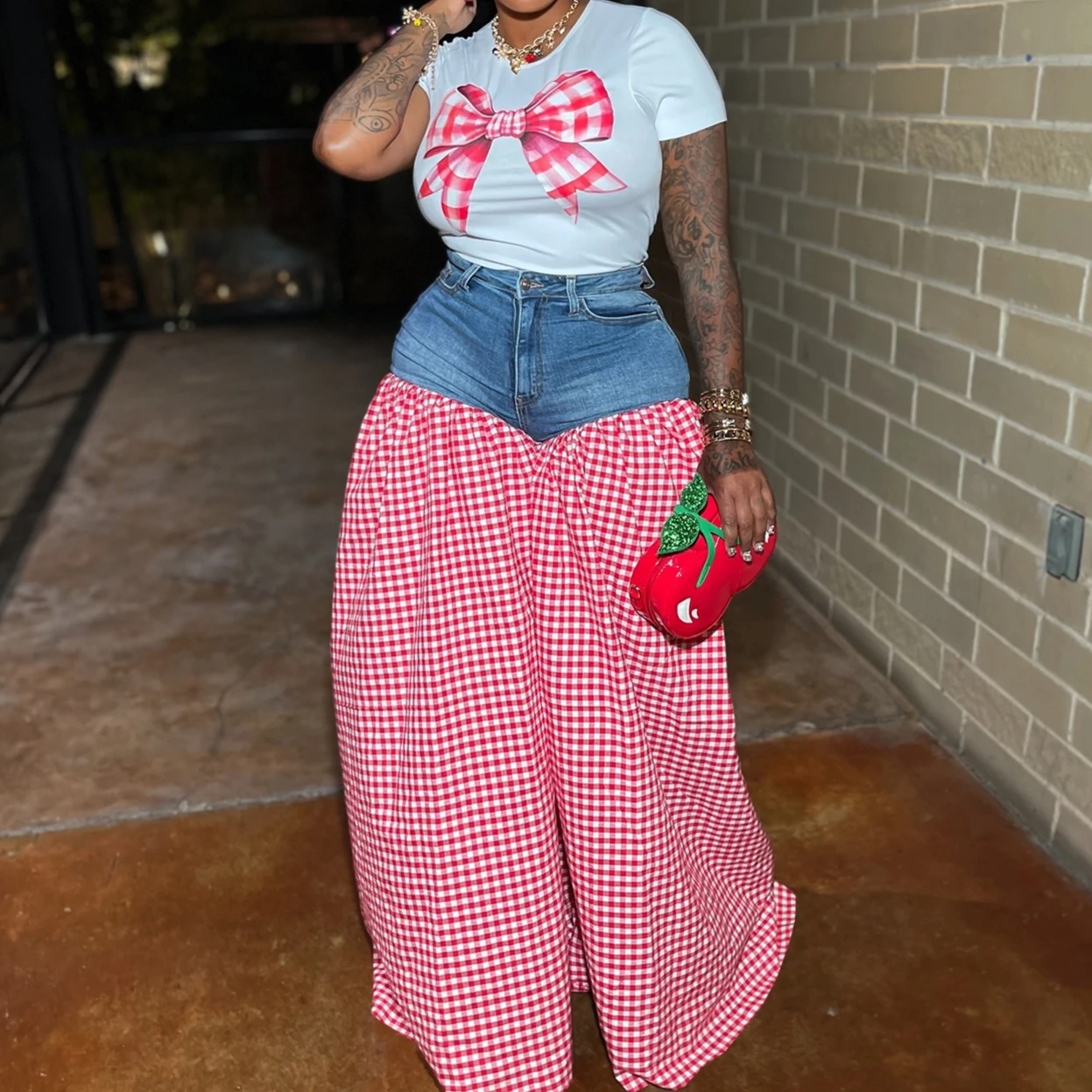 HLJ Y2K Sweet Lemon Print 2 Piece Sets Woman Outfit Short Sleeve Slim Top + Denim Patchwork Plaid Skrit Suit Female Streetwear