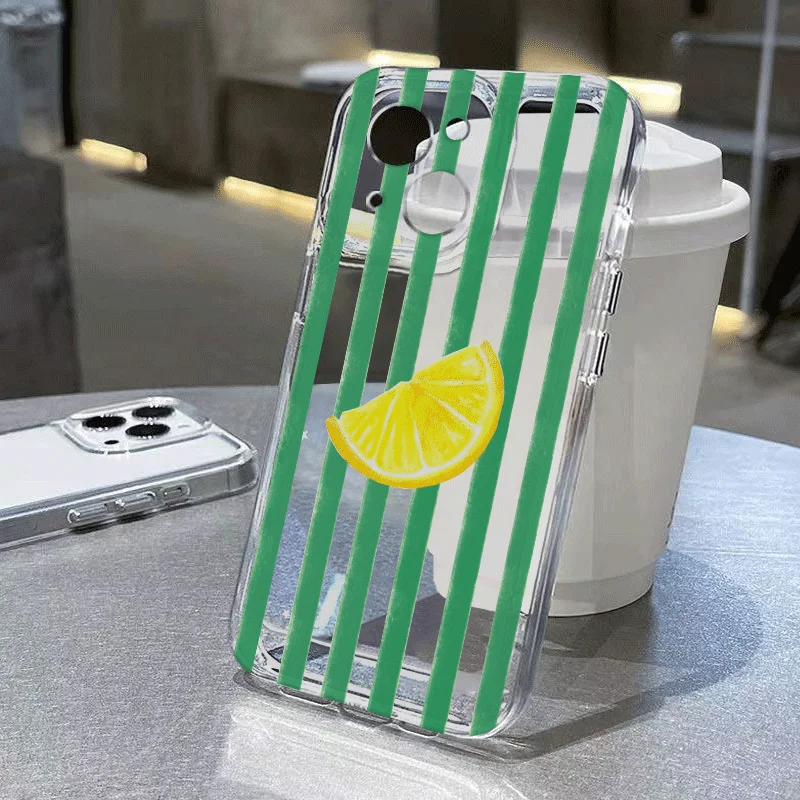 Stylish Blue Striped Yellow Lemon Printed Phone Case - Clear Soft Cover