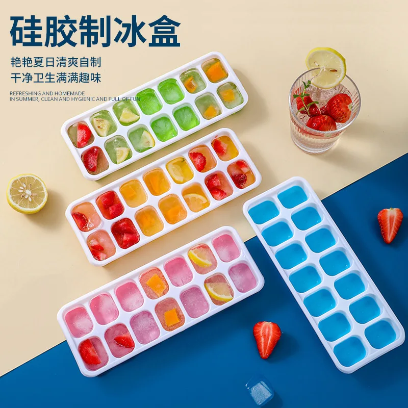 Square Silicone 14grid Ice Tray With Lid Soft Bottom Ice Cream Ice