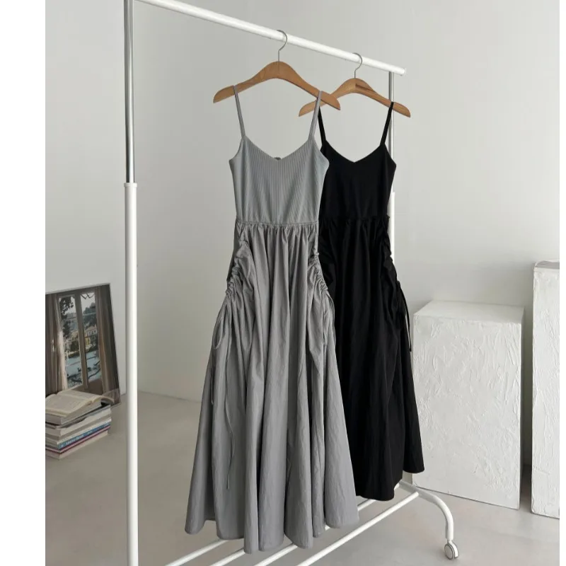 여름 로우 넥 스레드 드로우 스트링 포켓 푹신한 우아한 무릎 길이 홀터 드레스 퓨어 컬러 스위트 스타일 봄 가을 롱 스커트..