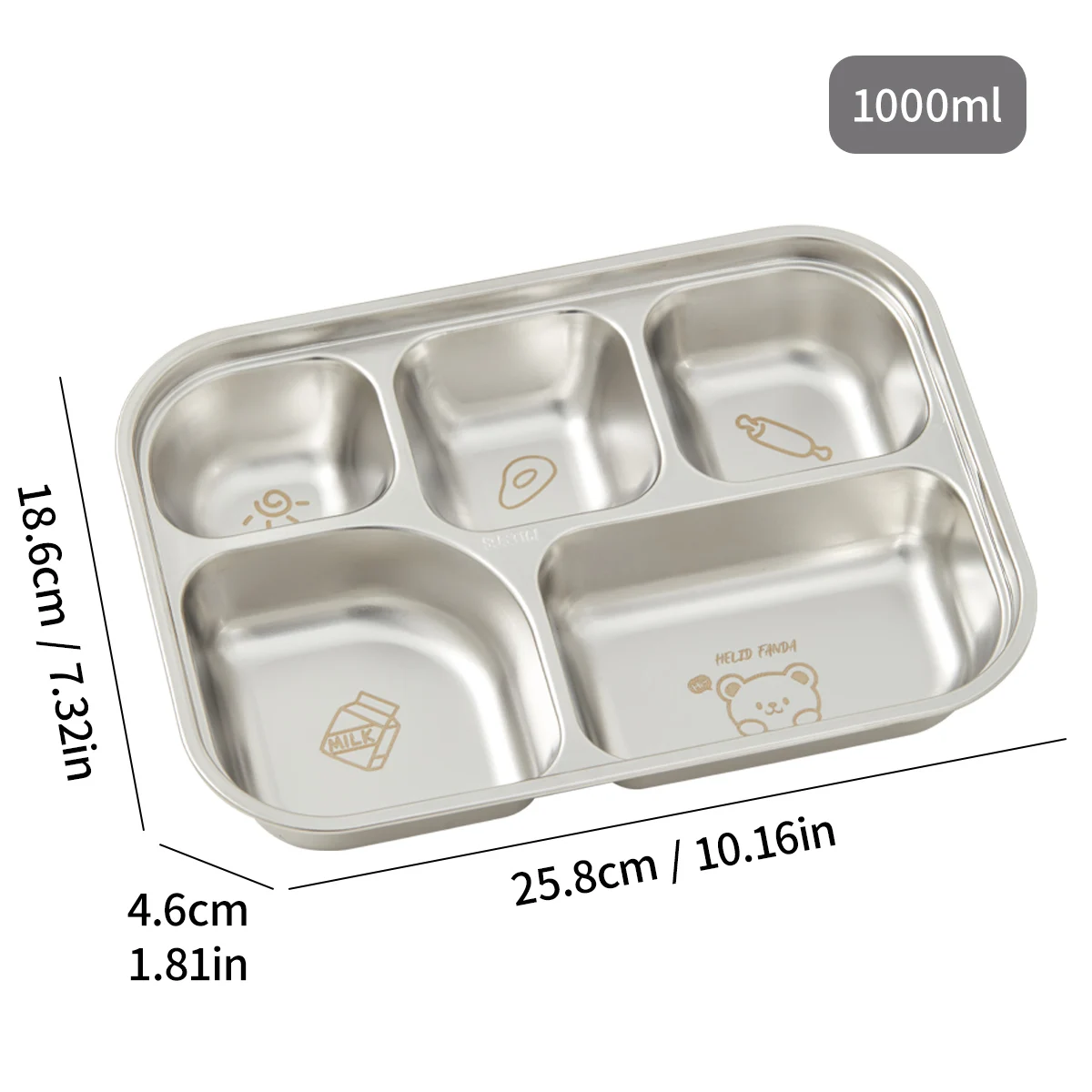 1L 304 Stainless Steel Dining Plate Durable Food Plate 4/5 Grid Lunch Box Kitchen Tableware 4/5 Sections Dinner Dish dining dish