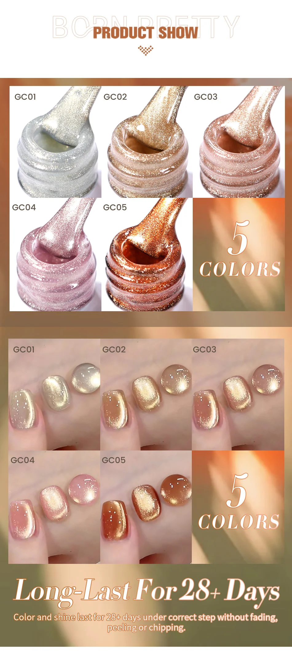 Description Picture 4 of itemBORN PRETTY 10ml Gold Sparkling Glitter Cat Magnetic Gel Nail Polish Semi Permanent Soak off UV LED Nail Gel Varnish Manicure