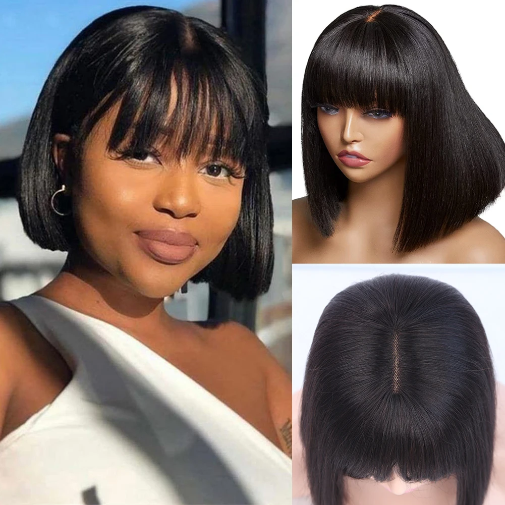 

Natural Scalp Short Bob Wig With Bangs Human Hair Lace Top Straight Bob Wig Brazilian Remy Hair 180% density Wig For Black Women