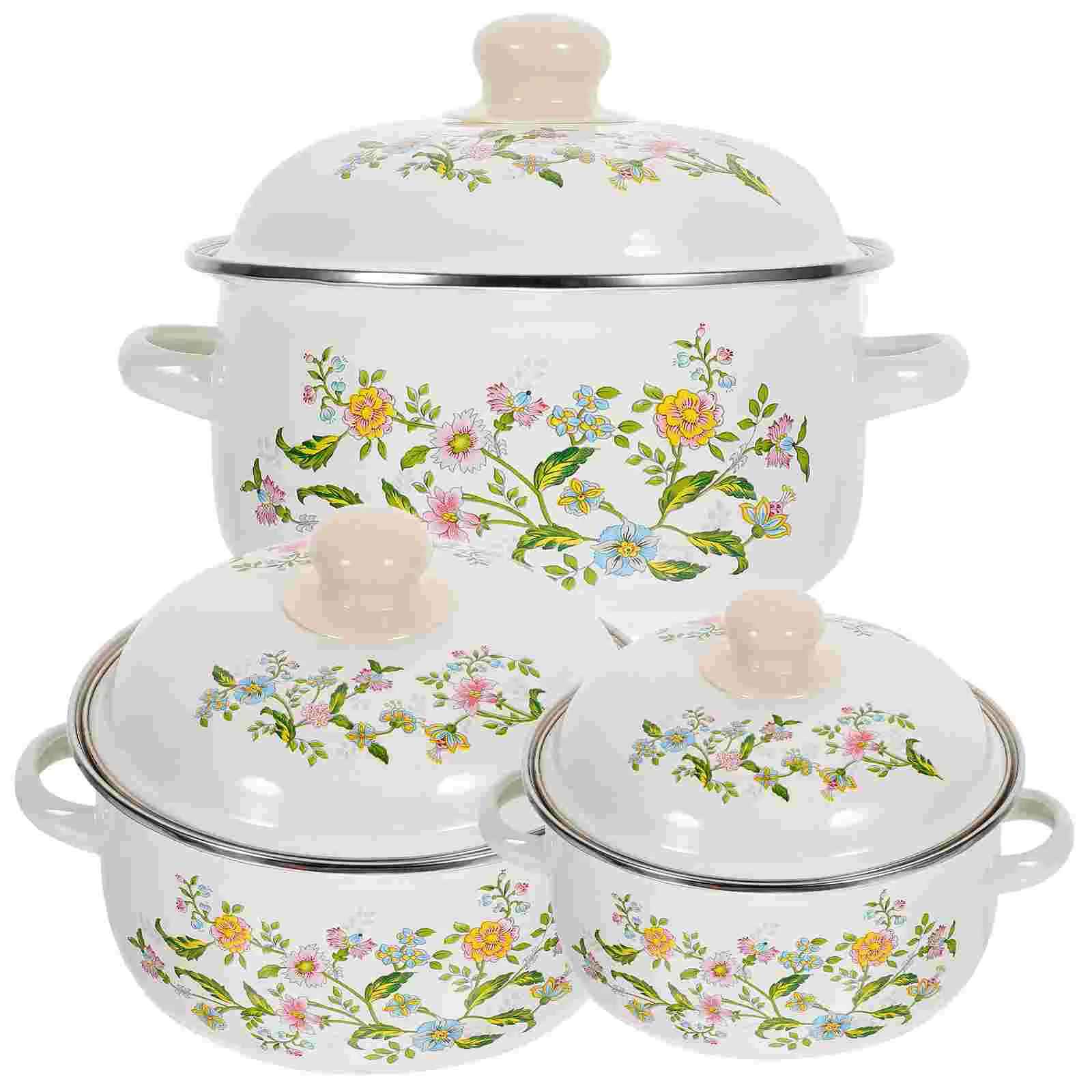 

Kitchen Enamel Stockpot Lid Soup Pot Stew Pot Retro Flower Stew Bean Cooking Pot Vintage Enamel Simmer Pot Handles