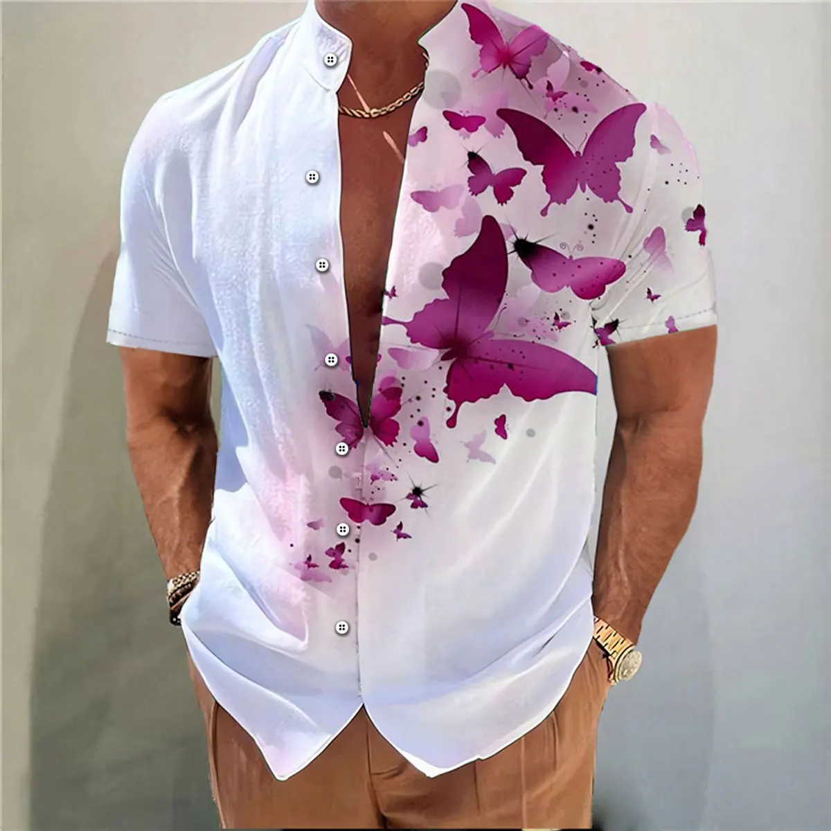 Casual Short Sleeved Shirt Short Sleeved Shirt Hawaiian Shirt Men's shirt butterfly pattern 3D printing stand collar multi-color outdoor street short sleeve Hawaiian large size shirt XS-6XL