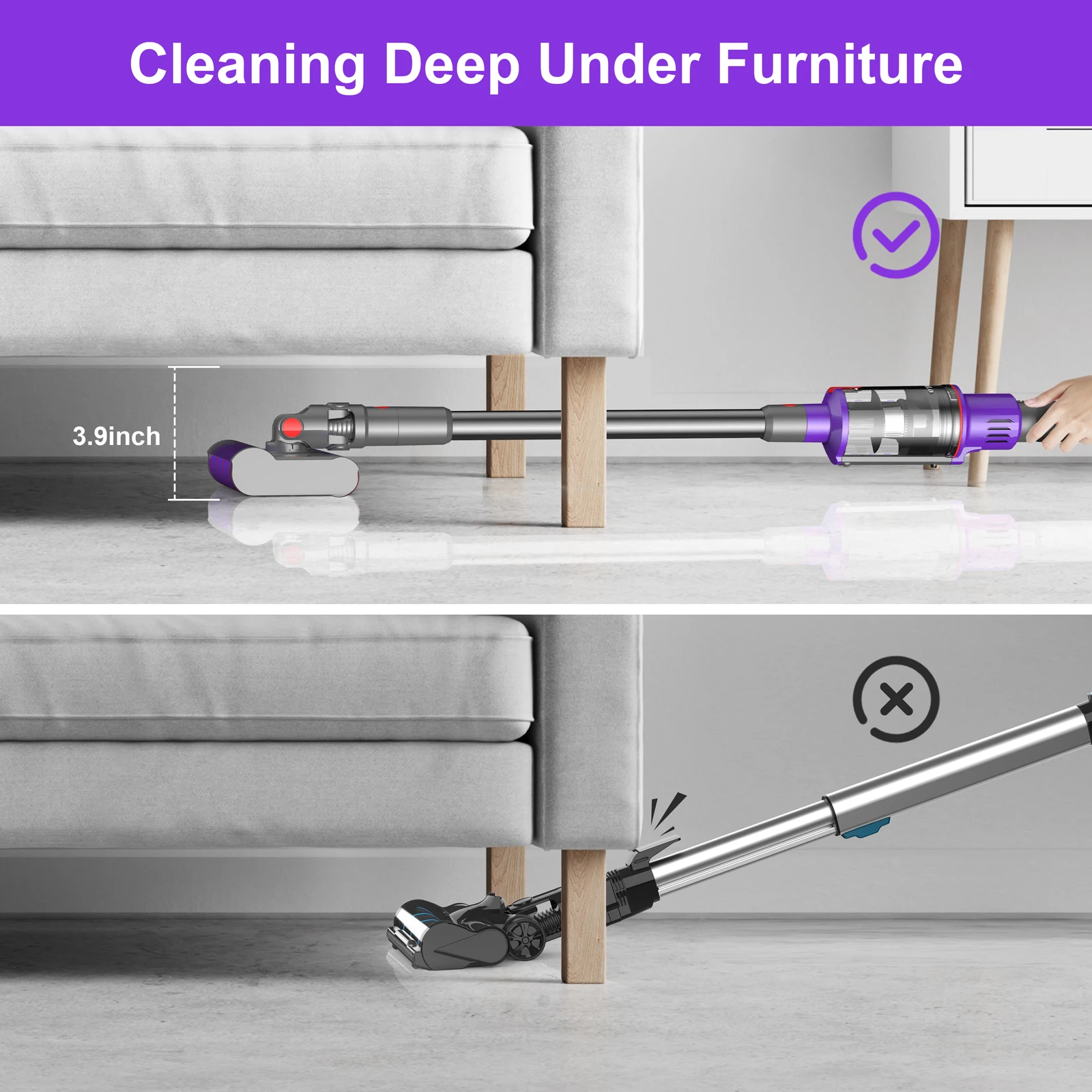 UMLO V102 Cordless Vacuum Cleaner for Home Carpet Hard Floor Pet Hair, Powerful Stick Vacuum with Brushless Motor,Purple 5