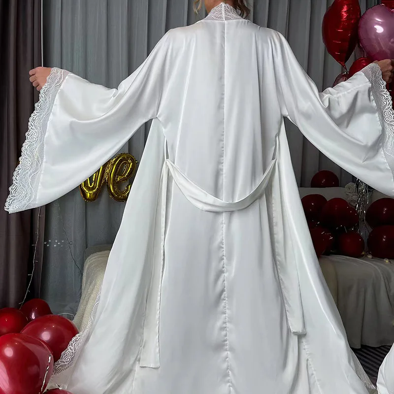 Satin Night Dress Lace-up Placket Long Sleeves Lace Women Sleeping Robe with Belt High Waist Ladies Night Gown Silk Robe