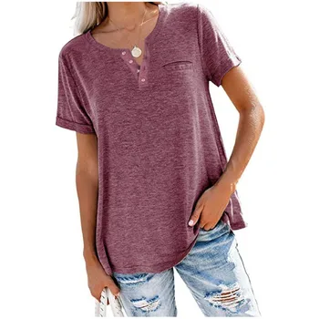 Spring and summer new style jacket v-neck short sleeve pocket loose T-shirt woman 1