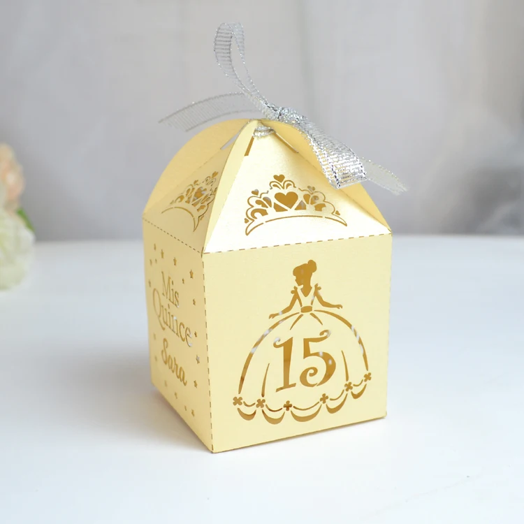 Caja de regalo con cinta de Organza para fiesta de cumpleaños de quinceañera, recuerdo de corte láser, temática personalizada, dulce, 15 años