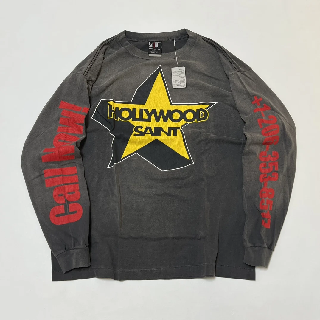 

Футболка SAINT 23SS L/S Мужская/женская, винтажная тенниска оверсайз с потертым длинным рукавом, выцветающая хлопковая майка