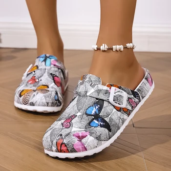 New Women's Fashionable Slip-On Slippers Elegant Black-Gray Butterfly Watermark Wedge Heel with Durable Soft Sole Comfortable Fo
