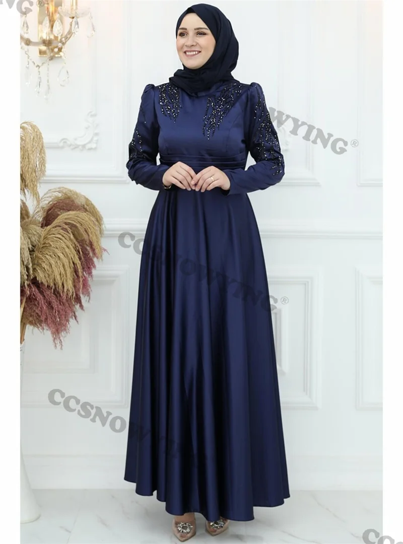 

Appliques Long Sleeve, High Neck Satin, Arabic Kaftan Robe, Elegant and Luxurious, Formal Party Hijab