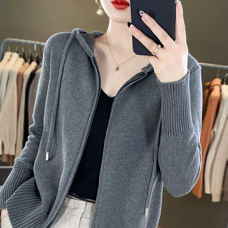 Classic hoodie Women Knitwear 100% All cotton Cardigan Fashion Sweater Long sleeves Double Zipper Style Thick Warm Basics Tops 3