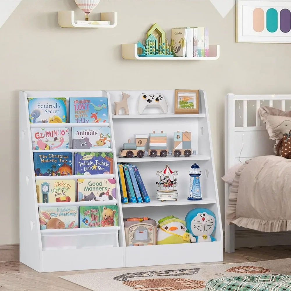 4 Tier Kids Bookshelf and Storage Organizer, Five Layer Sling Children Bookcase, Baby Toddler Wooden Book Shelf
