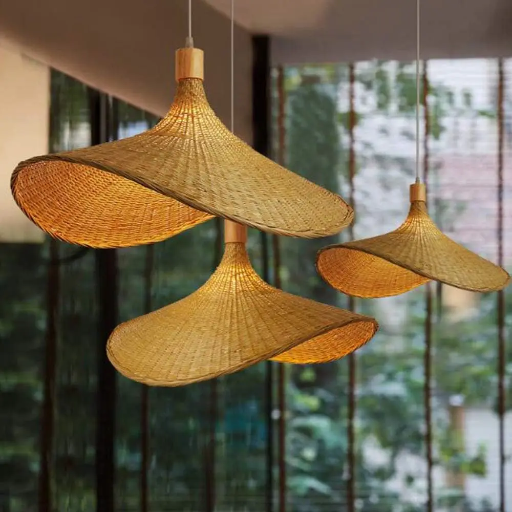 50/60cm Bamboo Weaving Chandelier Wicker Lampshade Pendant Light Retro Rattan Handwoven Hanging Lamp Hat-Shaped E27 Pendant Lamp