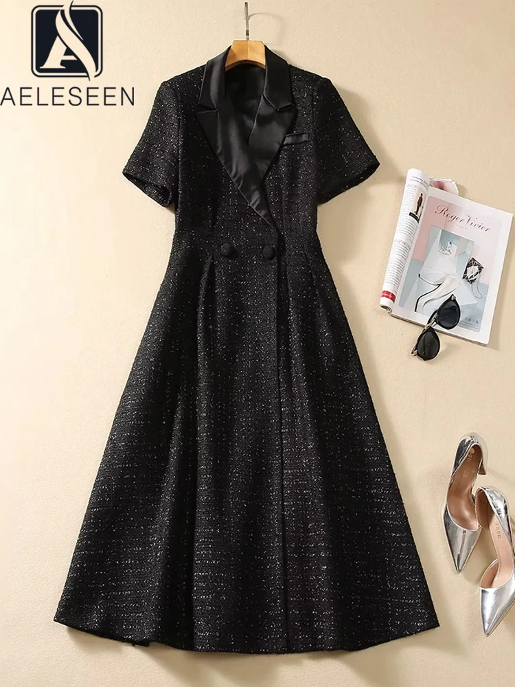

AELESEEN Vintage Long Tweed Dress Women Autumn Short Sleeve Turn-down Collar Black Elegant Long Party Vacation