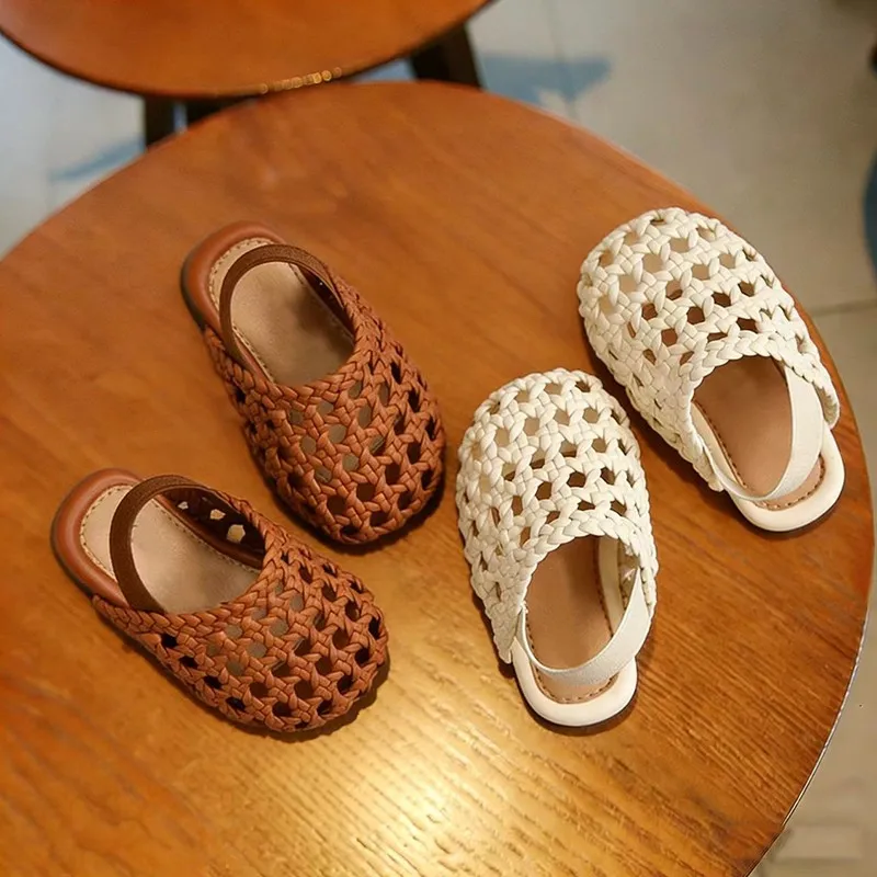 Kids'Casual 신발 샌들 그리드 PU 가죽 플랫 여름 신발 소녀용 미끄럼 방지 부드러운 바닥 베이지 카키 신발 사이즈 15-25