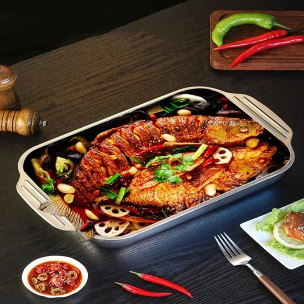 Stainless Steel Grilled Fish Pan with Lid Rectangular Roaster Pan Non-Stick Easy To Clean Oven BBQ Plate Gas Induction Cooker