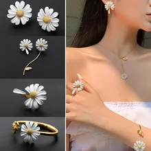 Korean Fashion Daisy Earrings Clavicle Chain female Necklaces Geometric Open Bangles Adjustable Ring Jewelry Set for Women