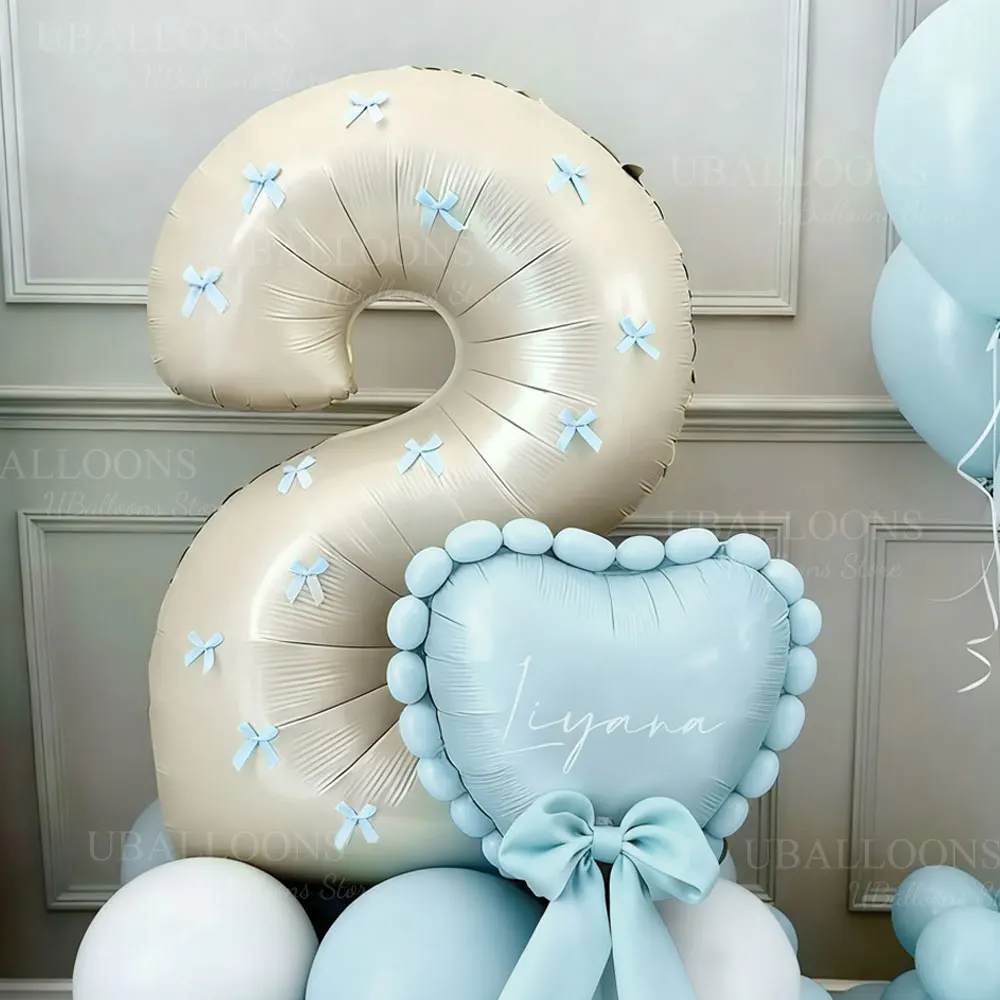 32-Zoll-Creme-Zahlenballon mit blauen Schleifen, 1, 2, 3, 4, 5, 6, 7, 8, 9, babyblaue Schleife, beige Zahlenballons für Geburtstags-Babyparty-Dekoration