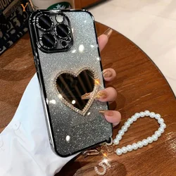 Luxury Diamond Love Mirror Phone Case with Pearl Heart and Hanging Rope - Redmi 10 (5)