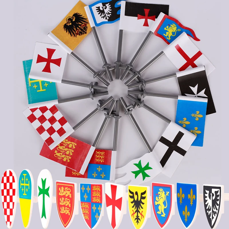 Moc Knights Team Flag Stickers Castello Militare Medievale Crociata Soldiers Lion Shield Building Blocks Ordine Templare Mattoni Giocattoli